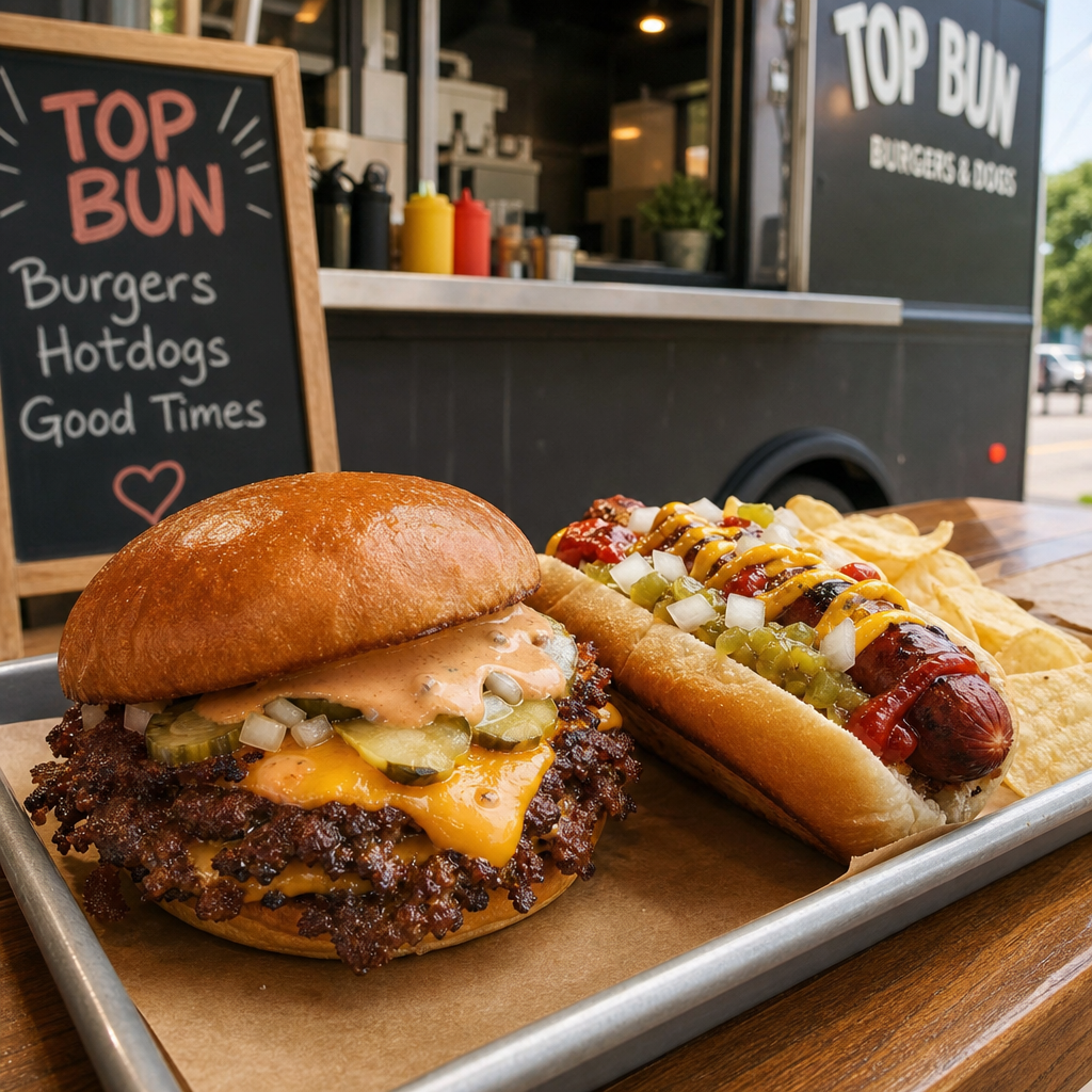 A close-up of a toasted burger with melted cheese beside a loaded hotdog topped with relish, on a wooden tray with a warm, fresh-off-the-grill look