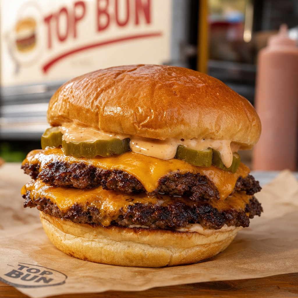 Juicy smash burger with two crispy-edged beef patties, melted cheddar, pickles, and house sauce on a toasted bun