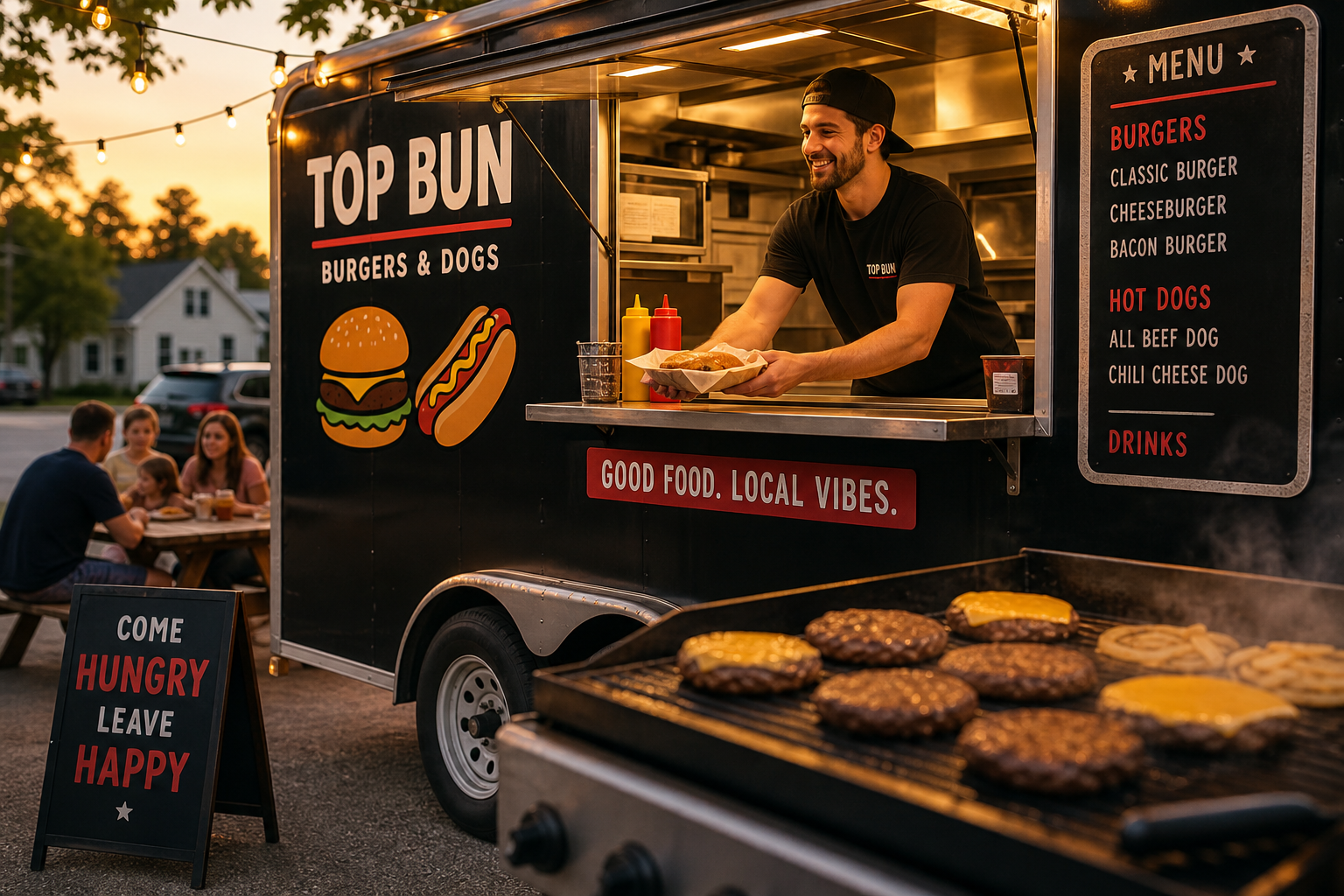 Top Bun food trailer with a bright service window and a sizzling grill of burgers