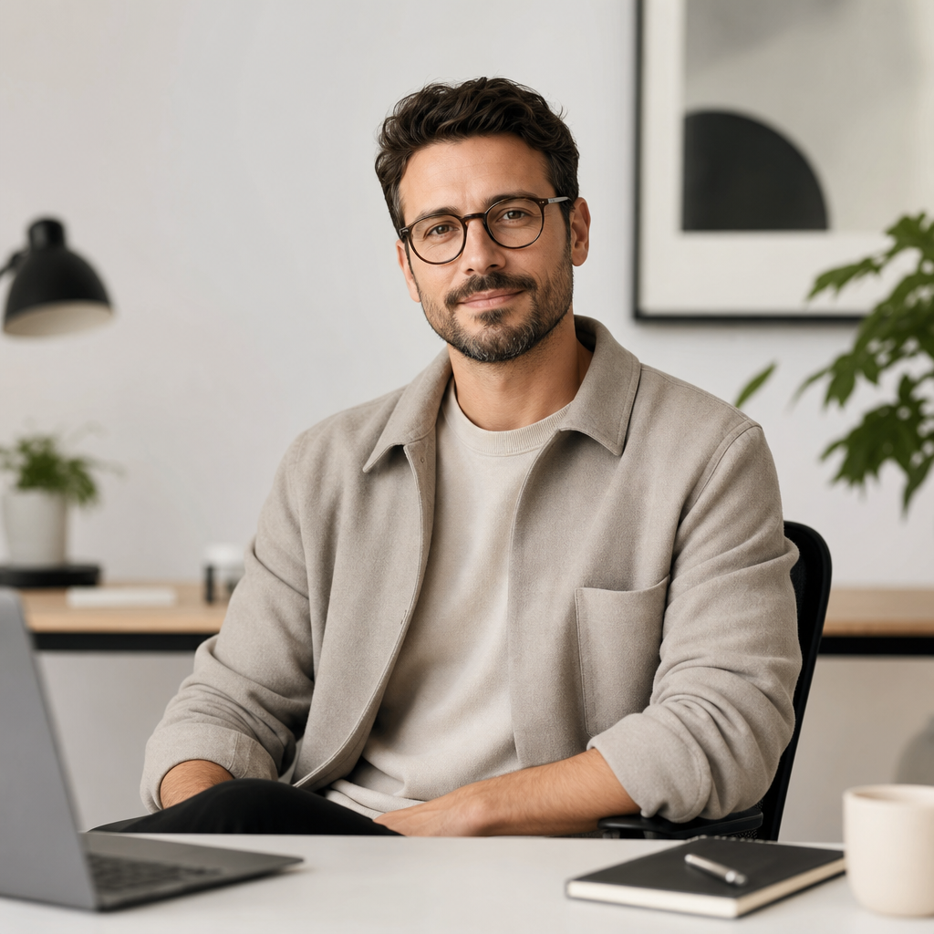 Portrait of a confident freelance designer in a modern studio setting