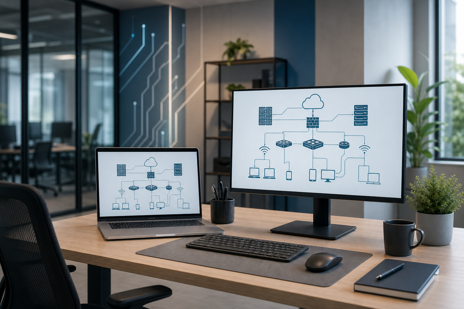 Professional business technology workspace with networking diagrams and subtle circuit-inspired design accents