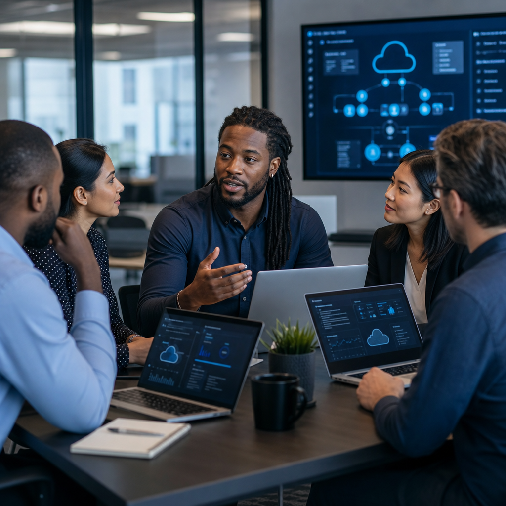 Professional IT consultant reviewing secure network and cloud infrastructure dashboards with a small business team in a modern office