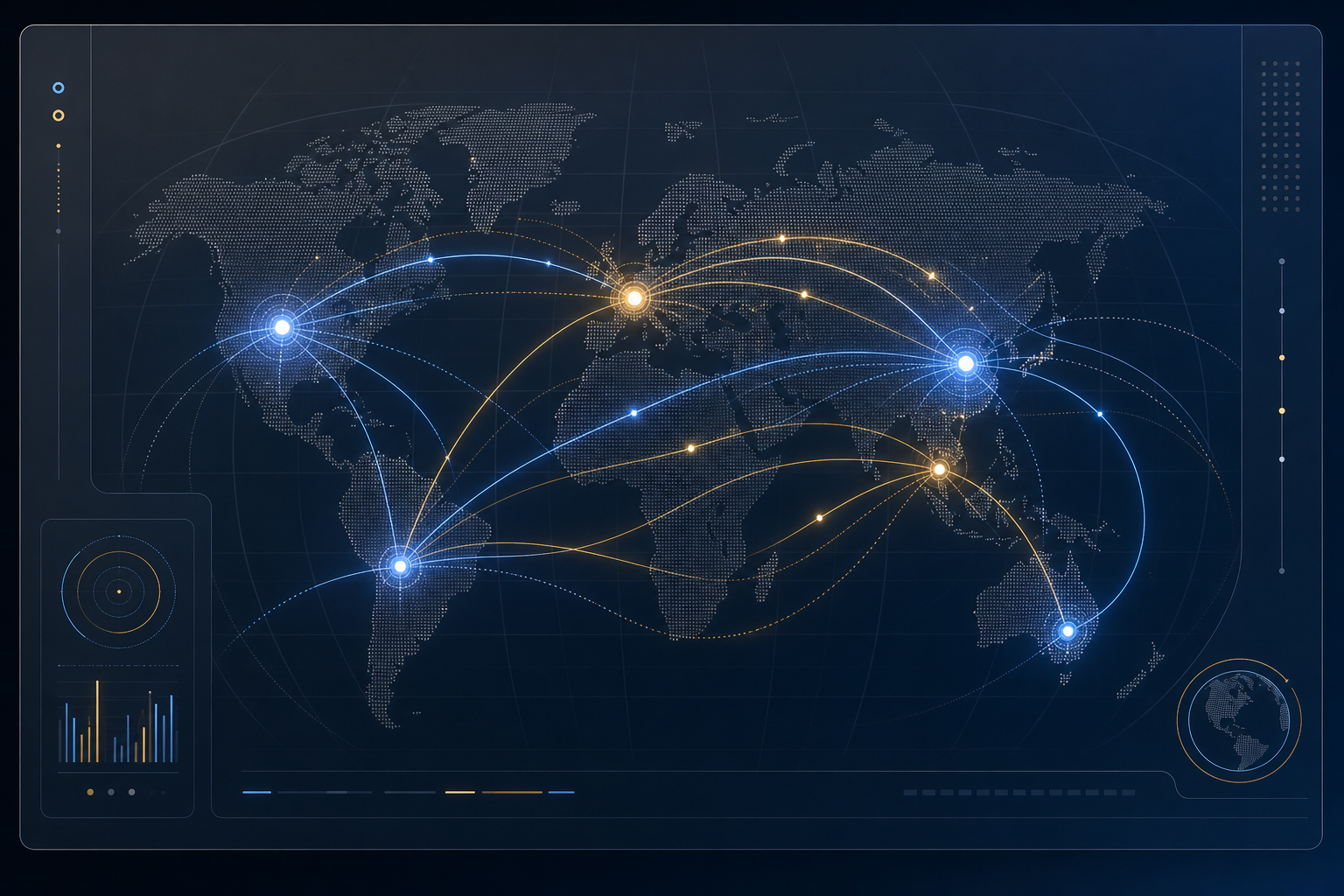 Abstract cross-border capital corridor diagram panel with map grid and directional flow lines
