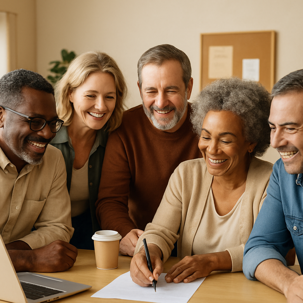 Diverse group of mature adults collaborating and smiling, representing inclusivity