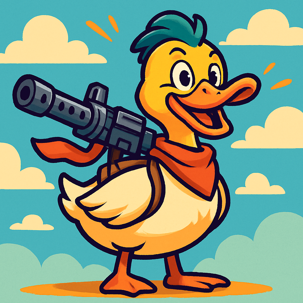 A playful illustration of a duck with a machine gun mounted on its back, cartoonish and non-violent, the duck looks heroic and adventurous