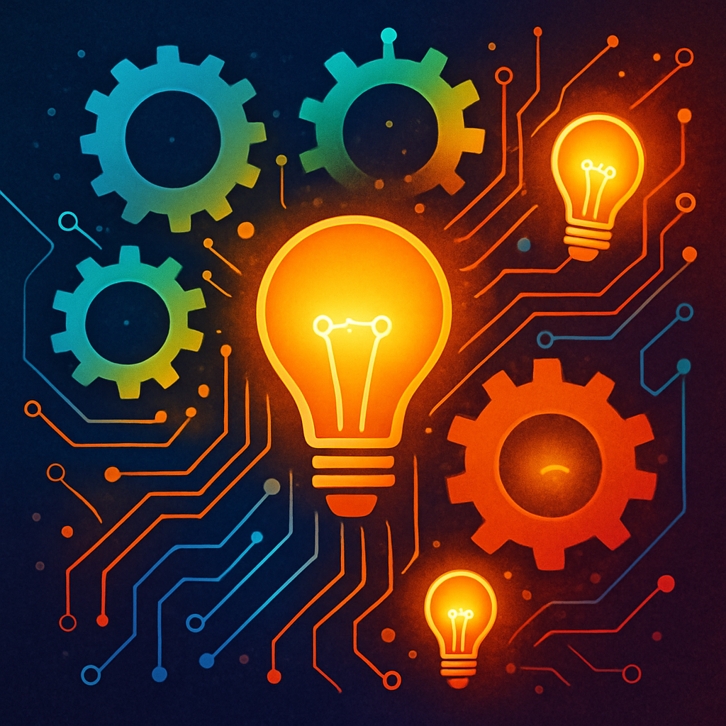 A creative abstract concept of innovation—colorful gears, lightbulbs, and circuit patterns blending together