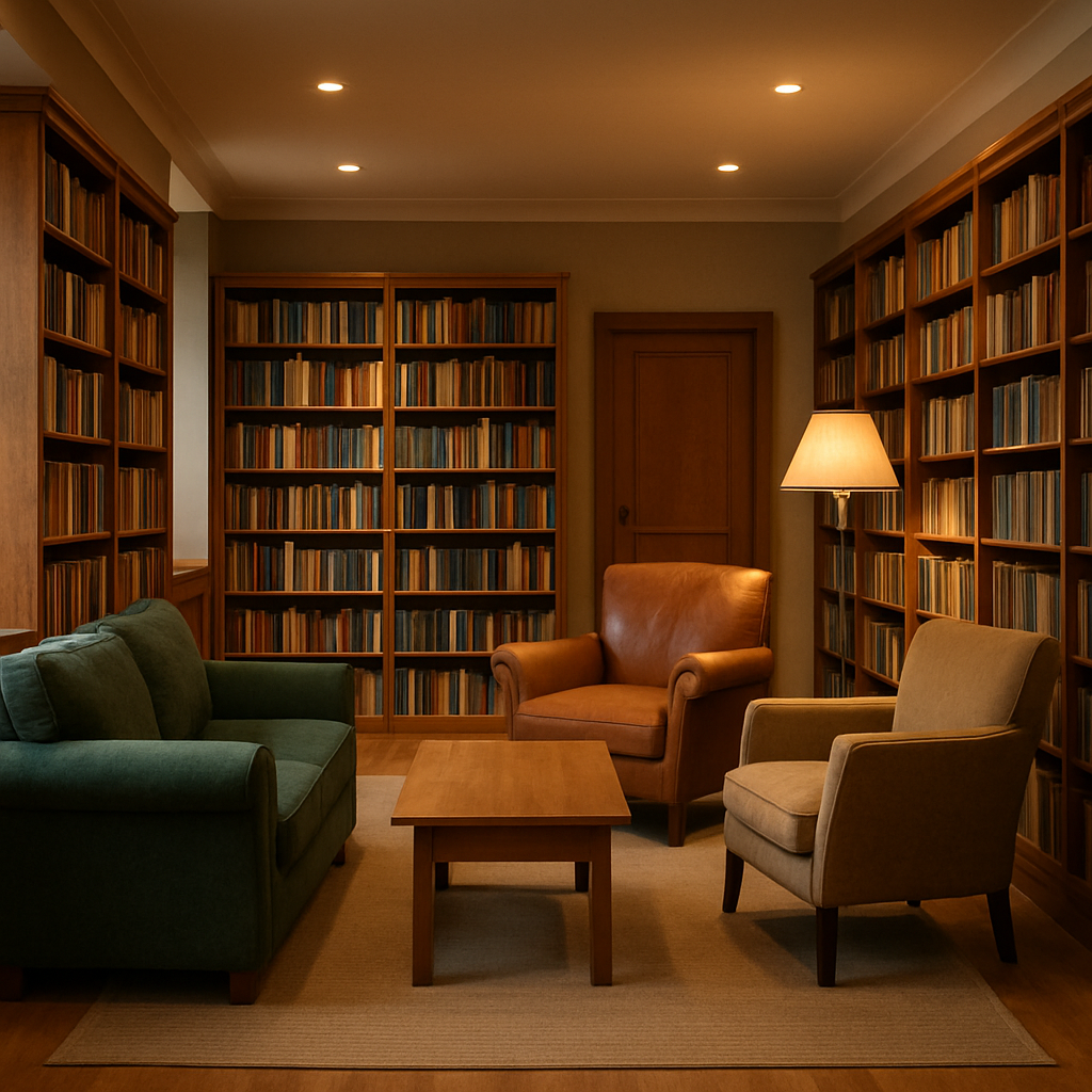 A calm and welcoming library space, symbolizing access to knowledge and resources