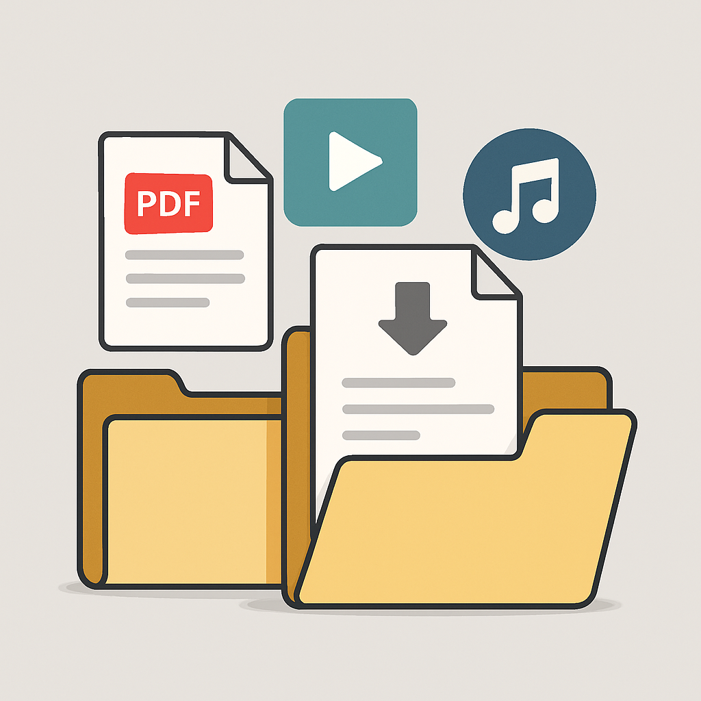 Digital documents and media icons, representing practical downloadable resources