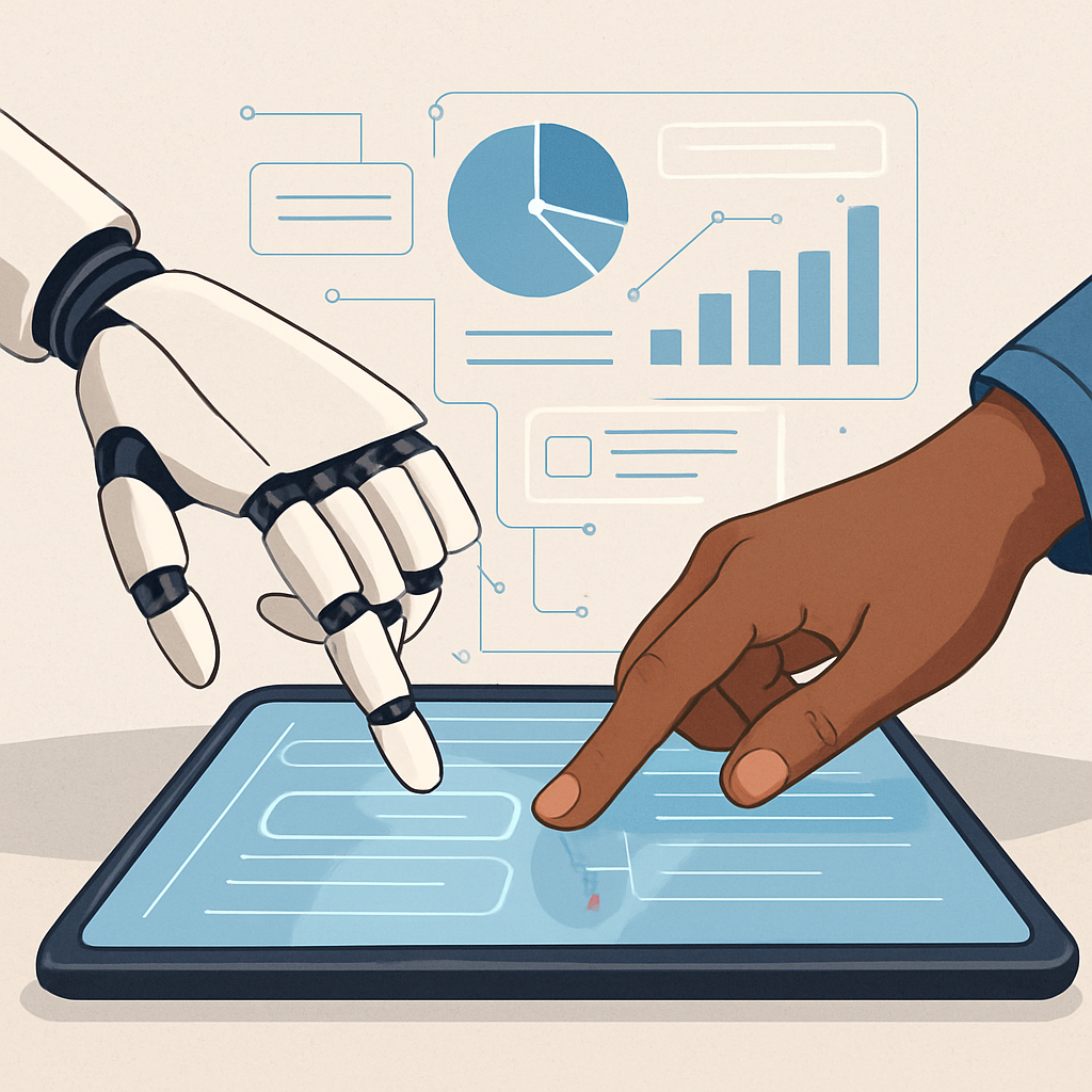 An innovative scene showing a robotic hand and a human hand working together on a tablet