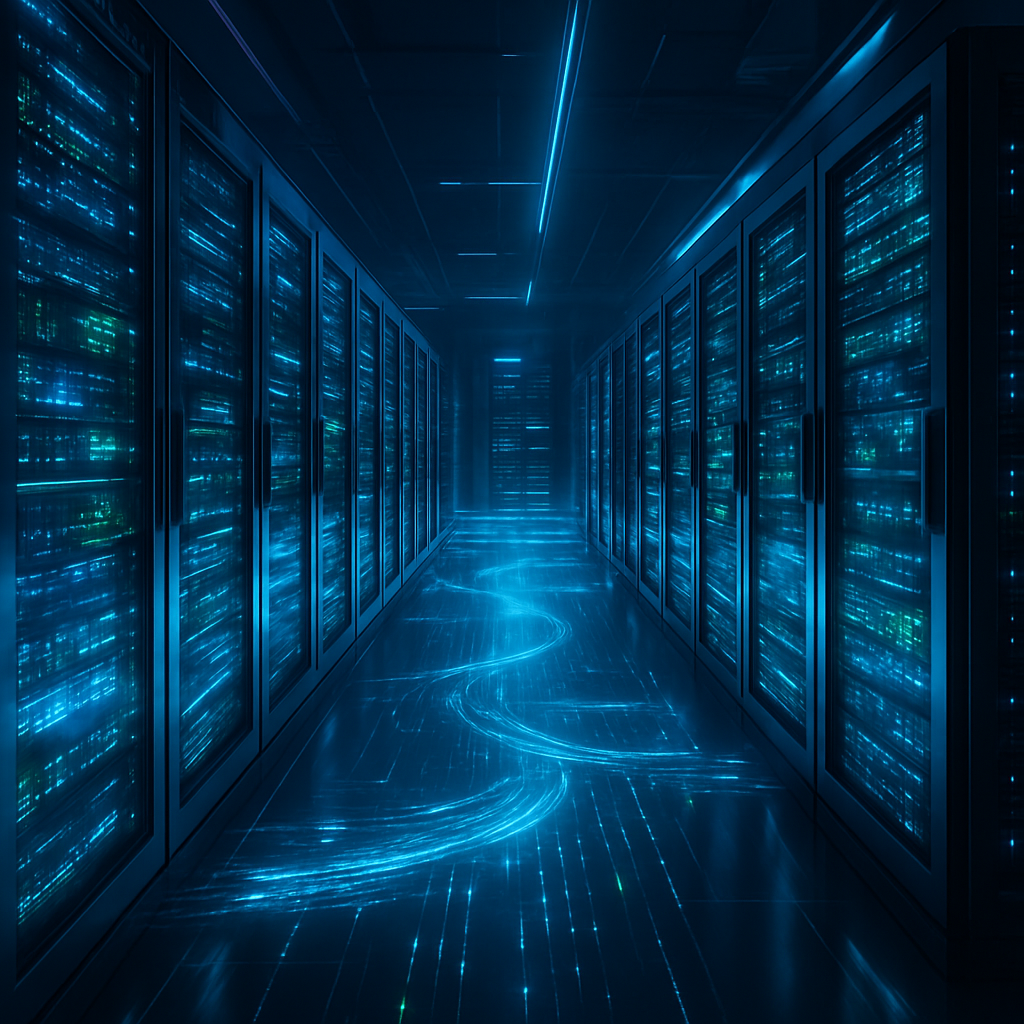 A techy, futuristic server room with glowing lights and digital data streams