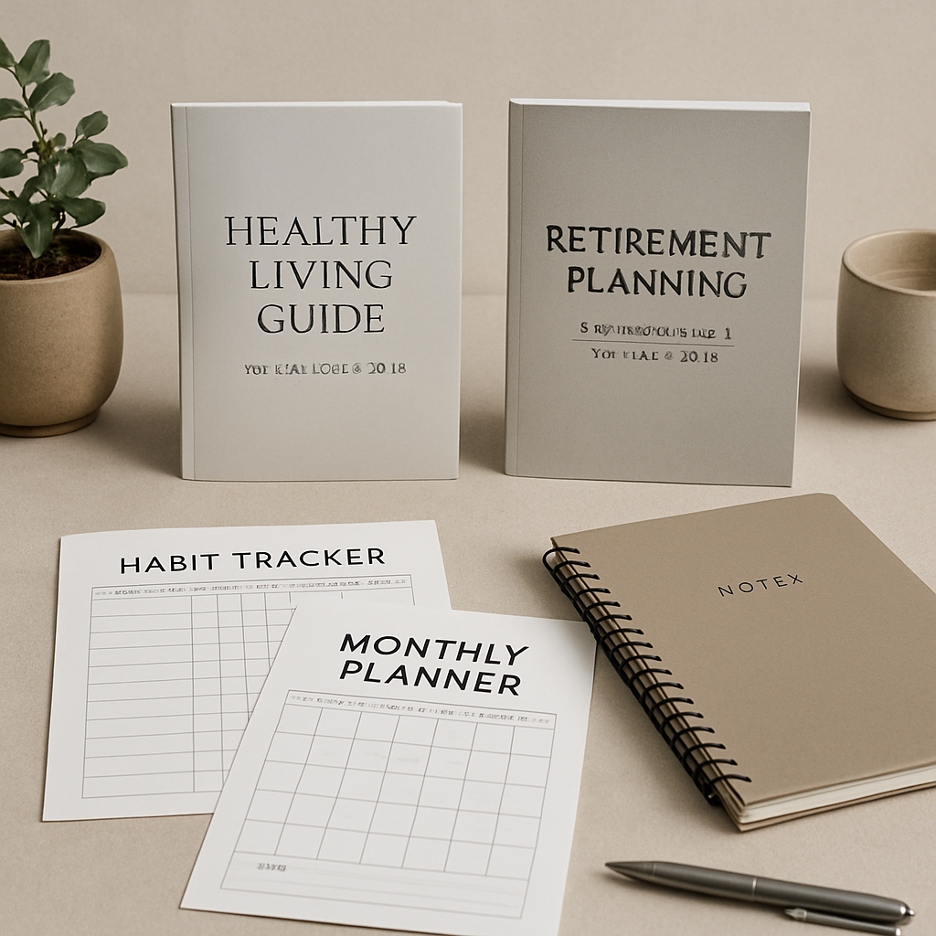 Featured store products for mature adults, including digital guides, practical printables, and accessories