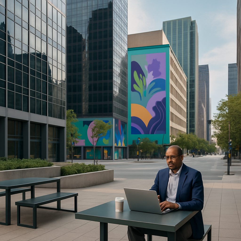 Modern urban cityscape photo featuring a vibrant, tech-inspired city scene, blending office buildings, street art, and digital workspaces in a mature, professional tone