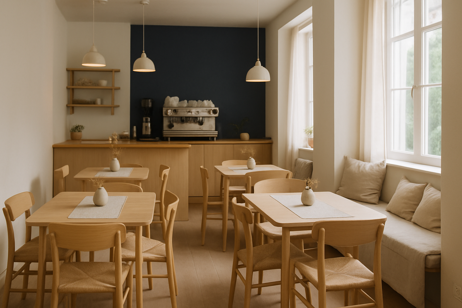 Warm Scandinavian cafe interior with light wood tables and soft morning light