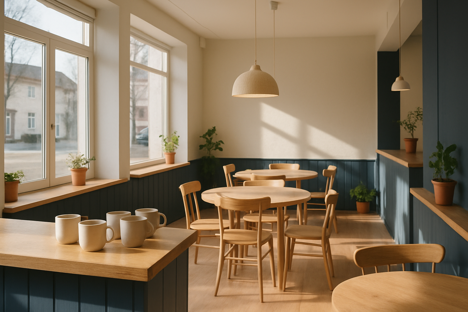 Cozy interior of North Dock Coffee with pale wood furniture and ceramic cups
