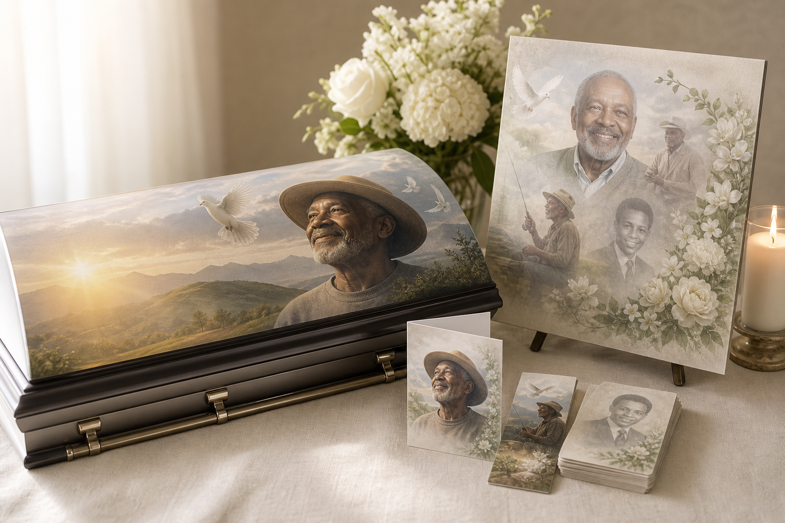 Elegant memorial tribute display with a serene floral arrangement, a softly lit prayer card, and a casket lid panel sample in neutral tones