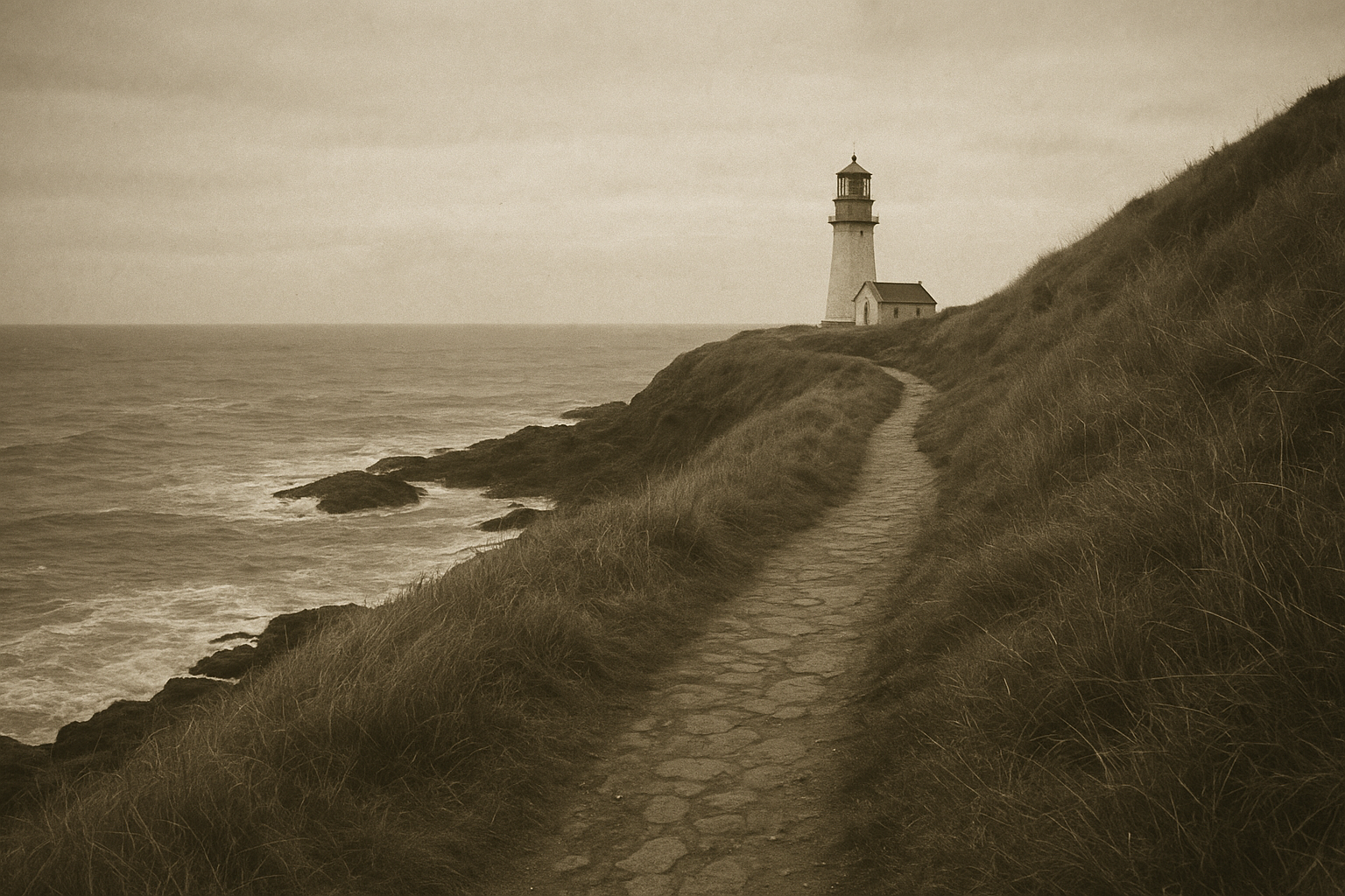 Stone shoreline approach path leading toward a distant lighthouse on a cliff