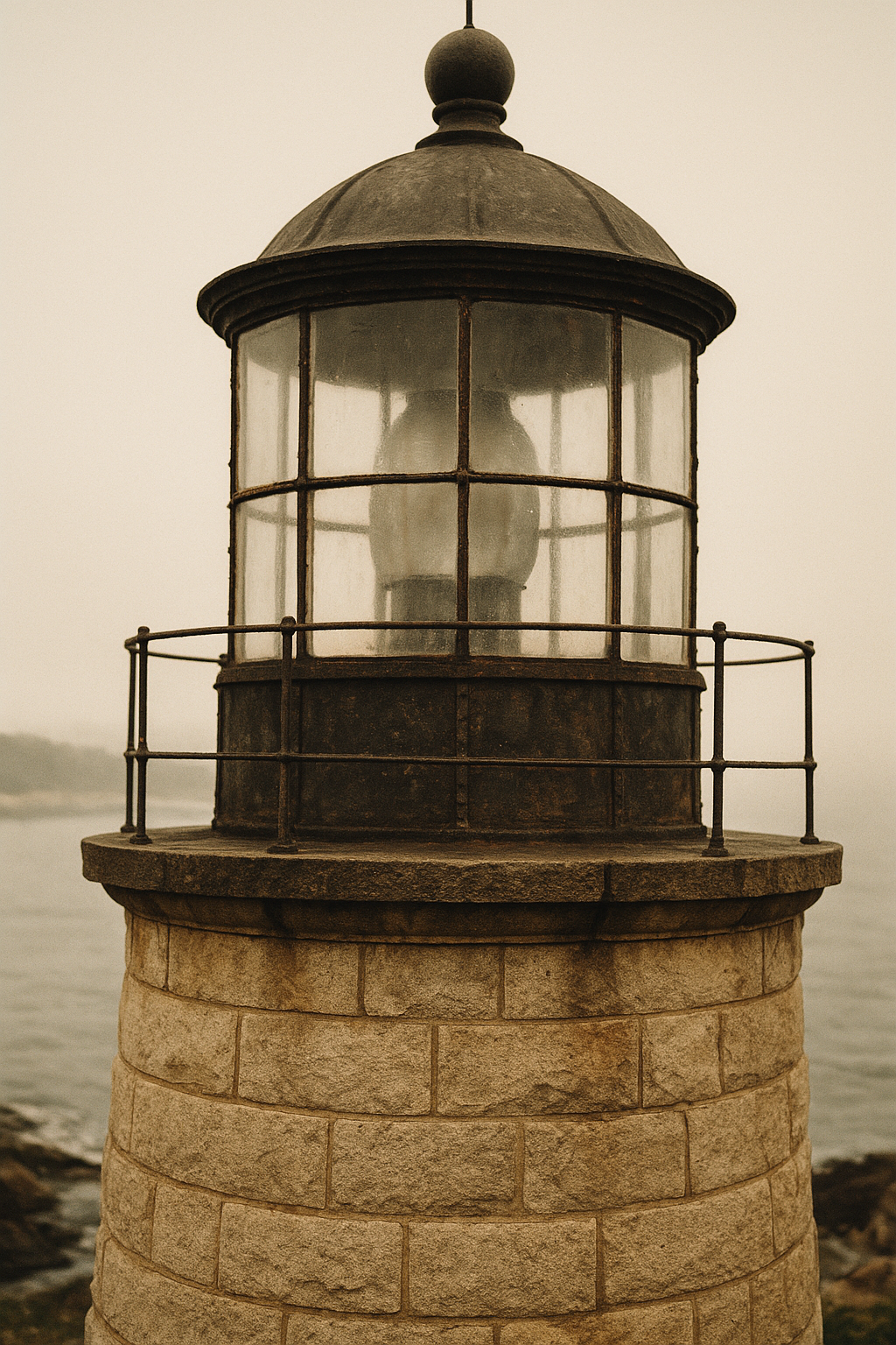 Warm-toned close view of weathered lighthouse stone and lantern glass near the shoreline