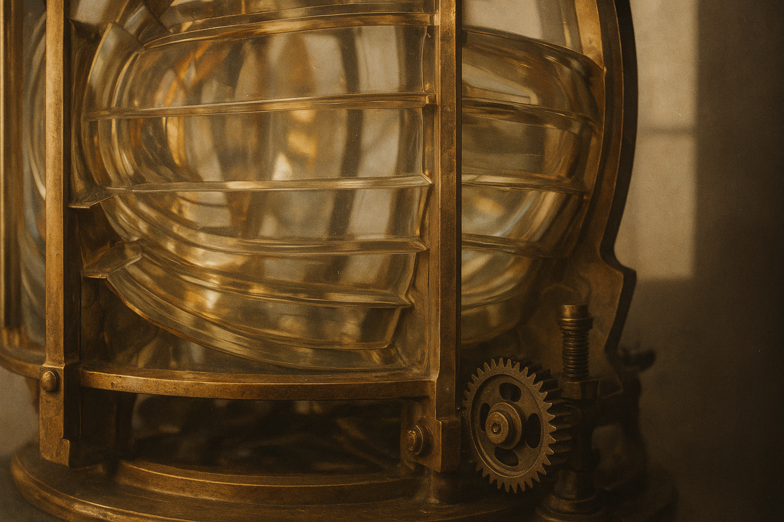 Close view of a lighthouse fresnel lens with brass framing and warm reflections