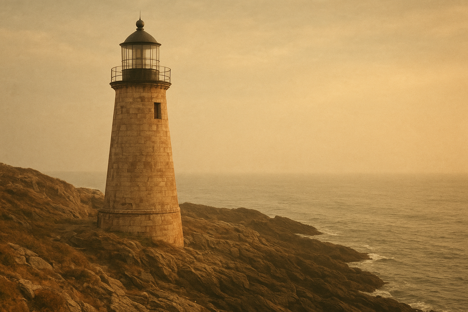 Weathered lighthouse on the northern coast above dark rocks, sea haze in the air, and subdued warm sunlight in an archival film-photography style