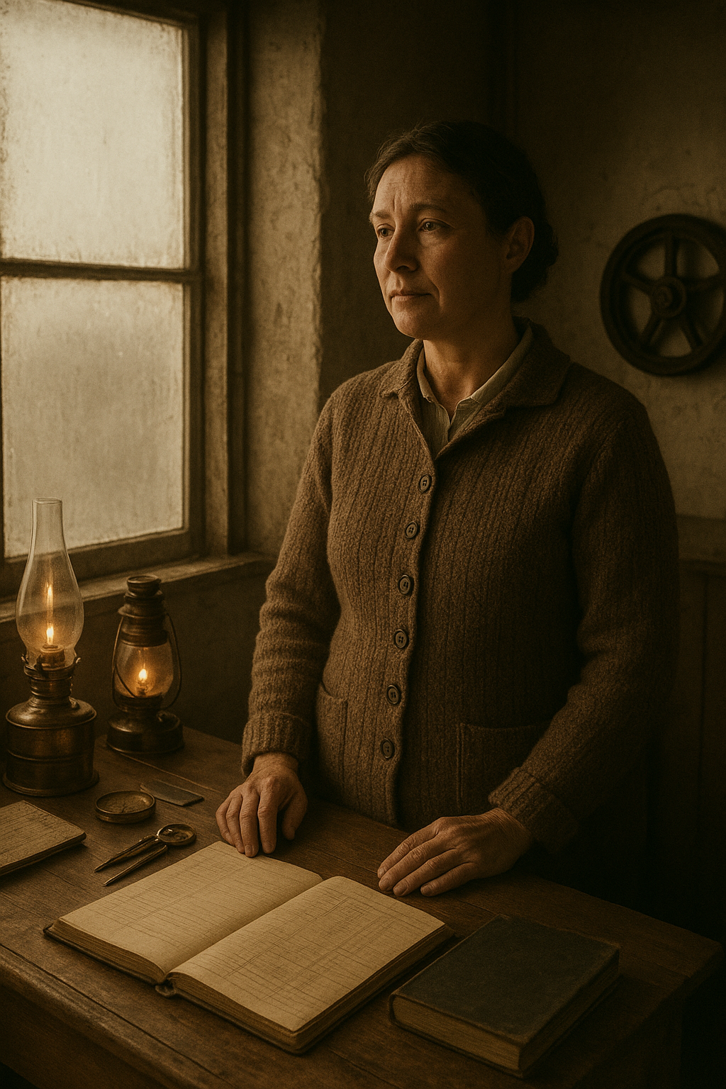 Archival-style documentary portrait of a lighthouse keeper in a timber workroom beside oil lamps, logbooks, and weathered brass instruments