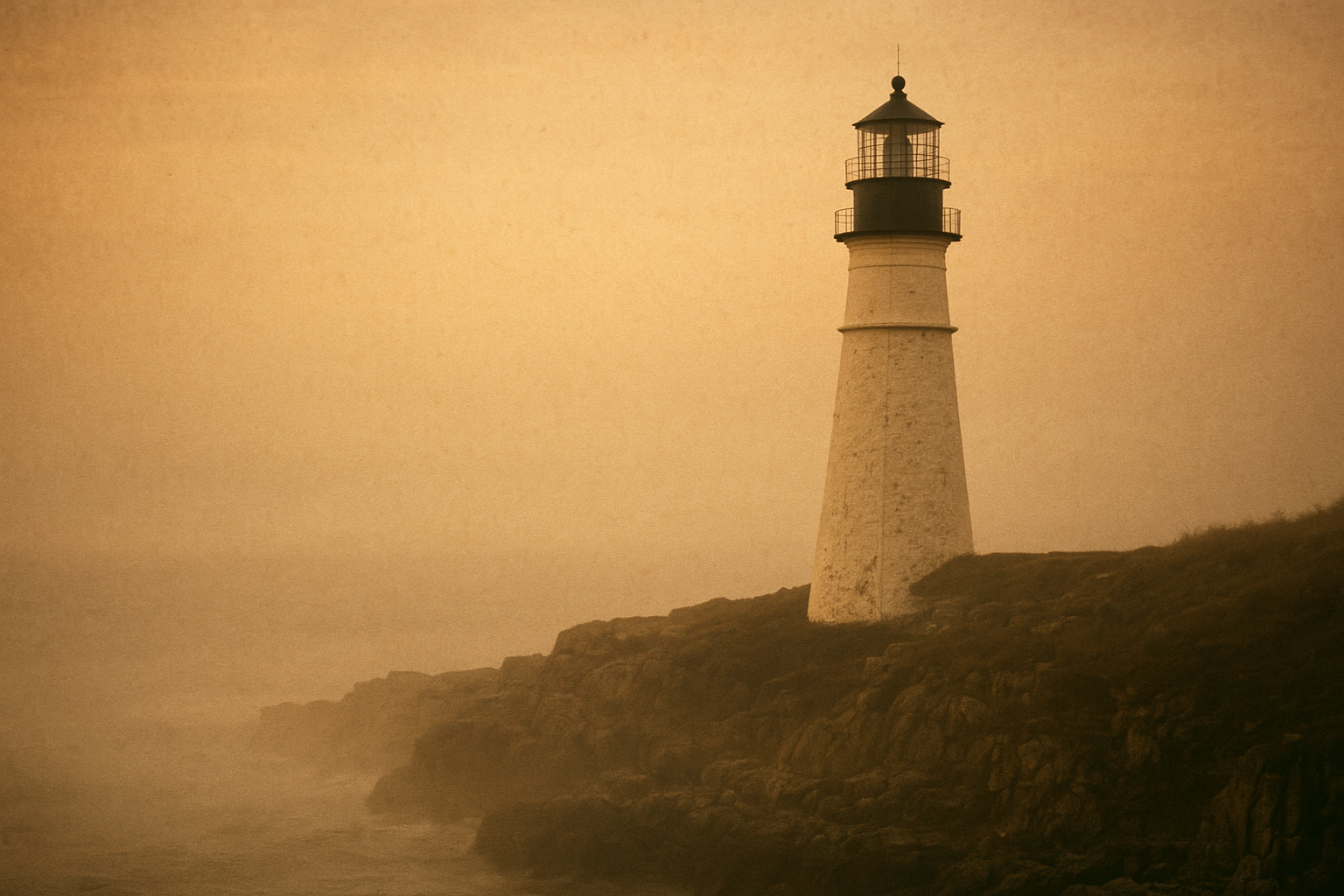 North Head lighthouse at dawn with sea fog and a muted amber sky