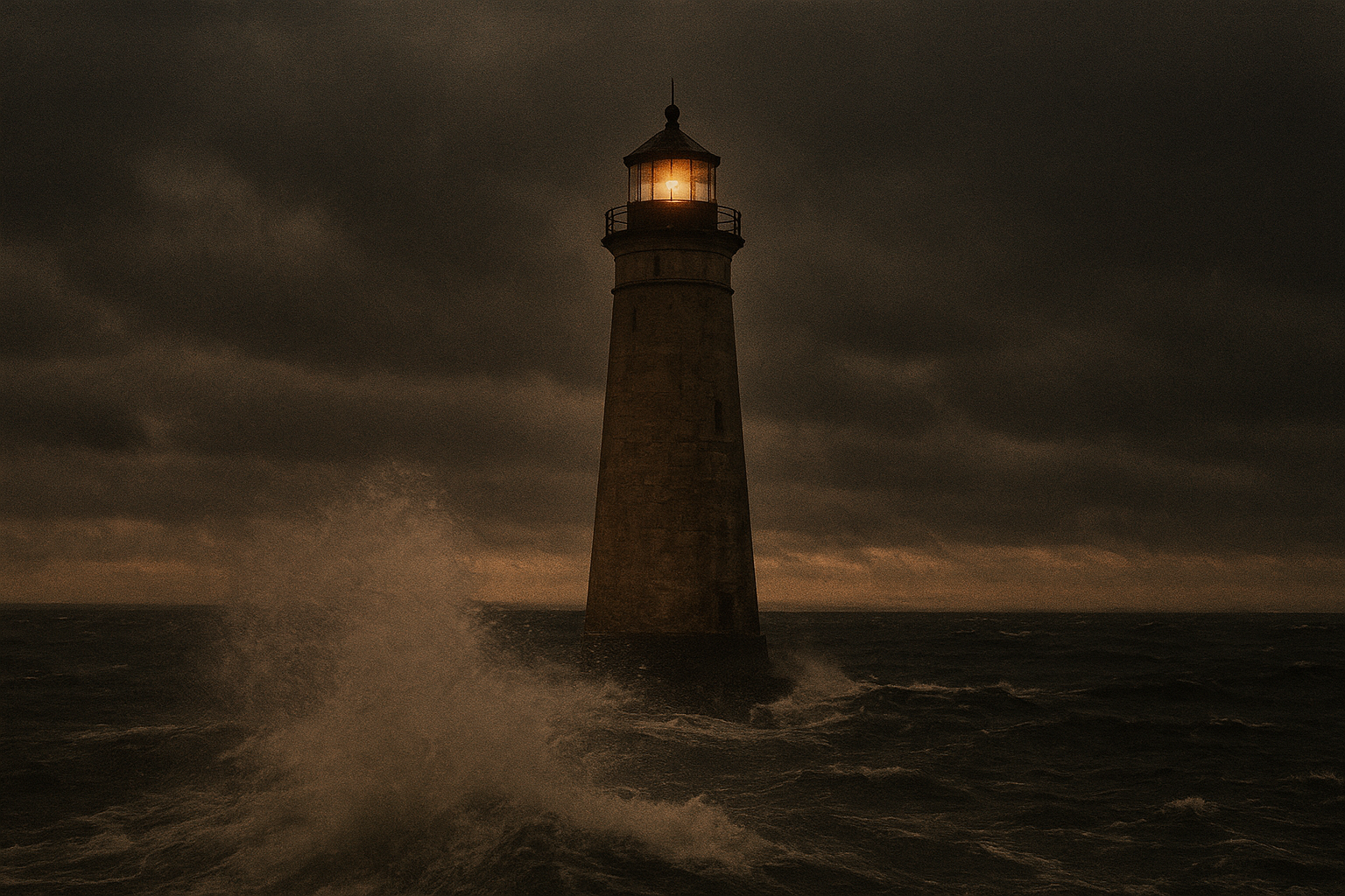 Lighthouse tower at dusk during rough weather with dark sea and windblown spray