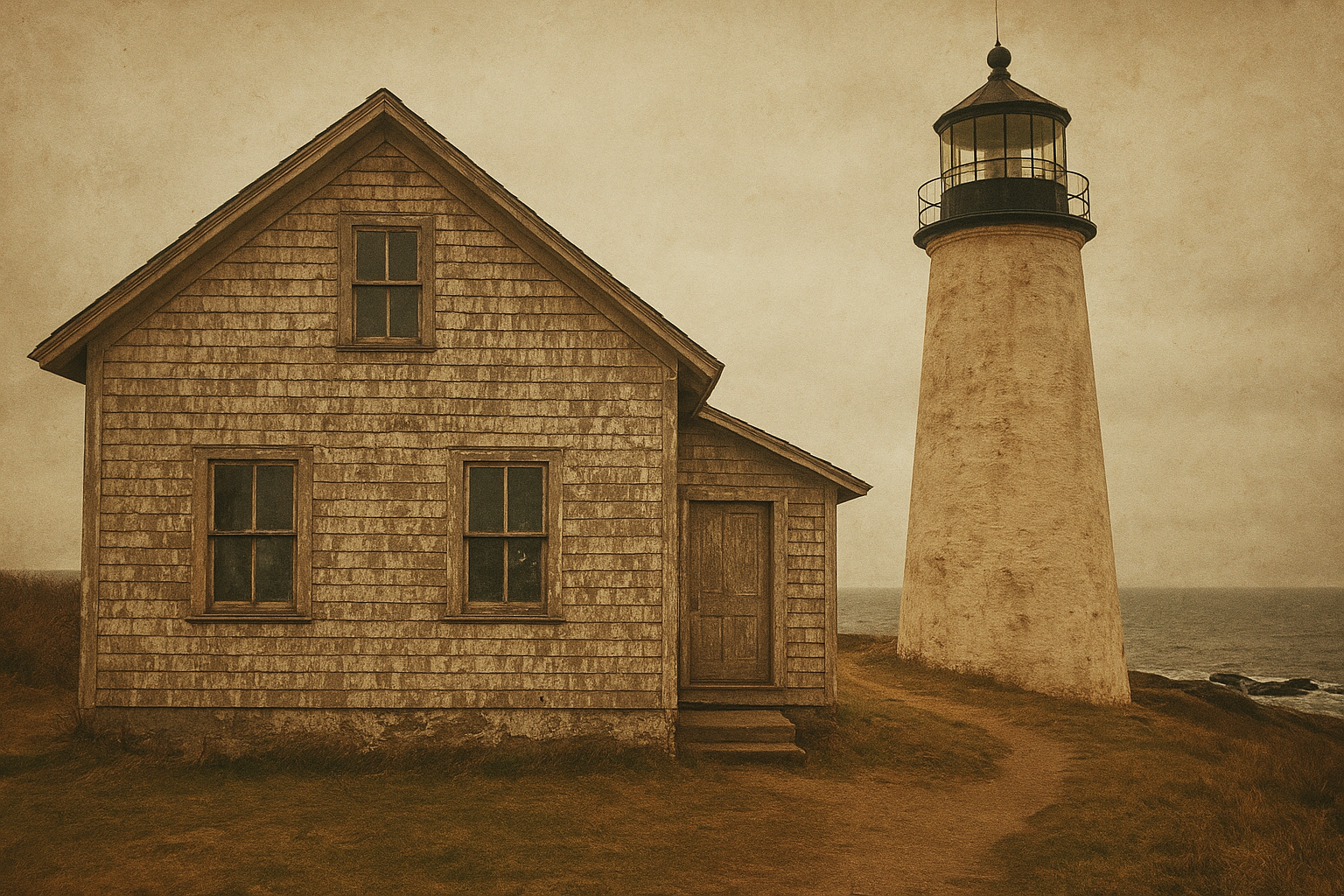 Weathered wooden keeper quarters beside a lighthouse tower with peeling paint