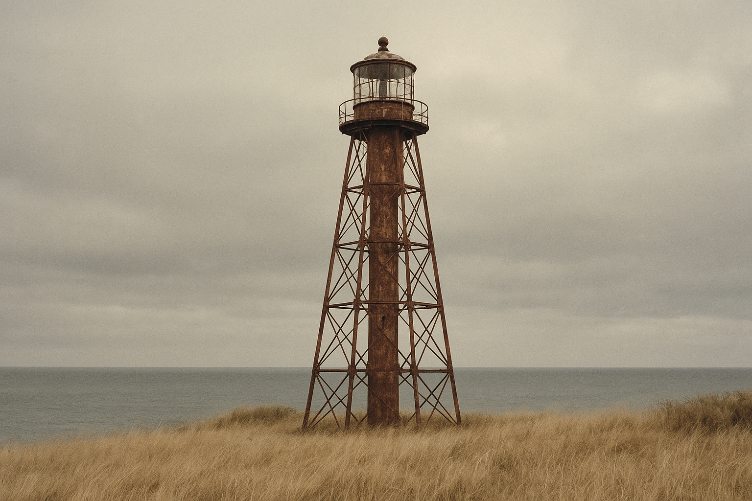 Decommissioned skeletal beacon above coastal grass under overcast light