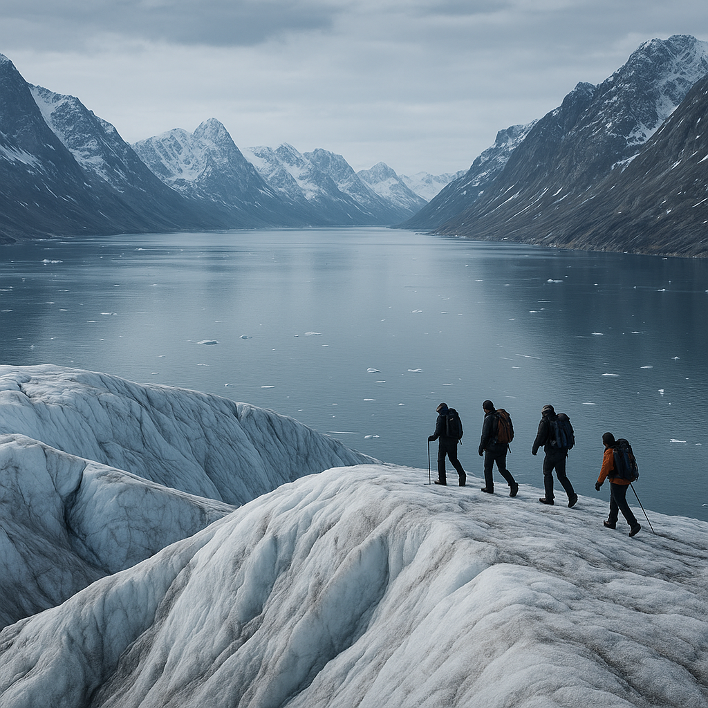 Wide cinematic Greenland fjord with icy water, snow-covered mountains, and a small guided group of explorers walking along a glacier ridge under cold Arctic light