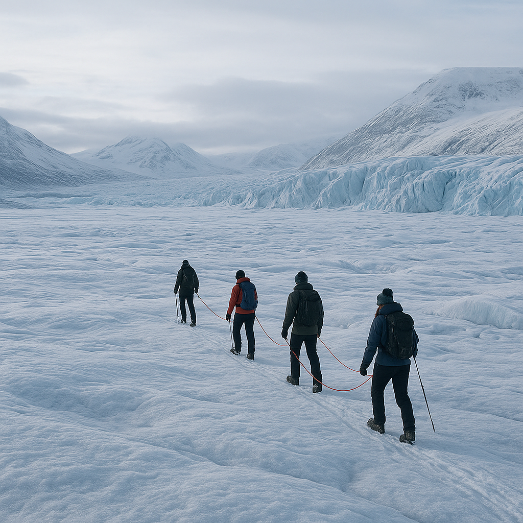 Roped explorers crossing a broad icy Greenland landscape with snow ridges and distant mountains under cold Arctic light