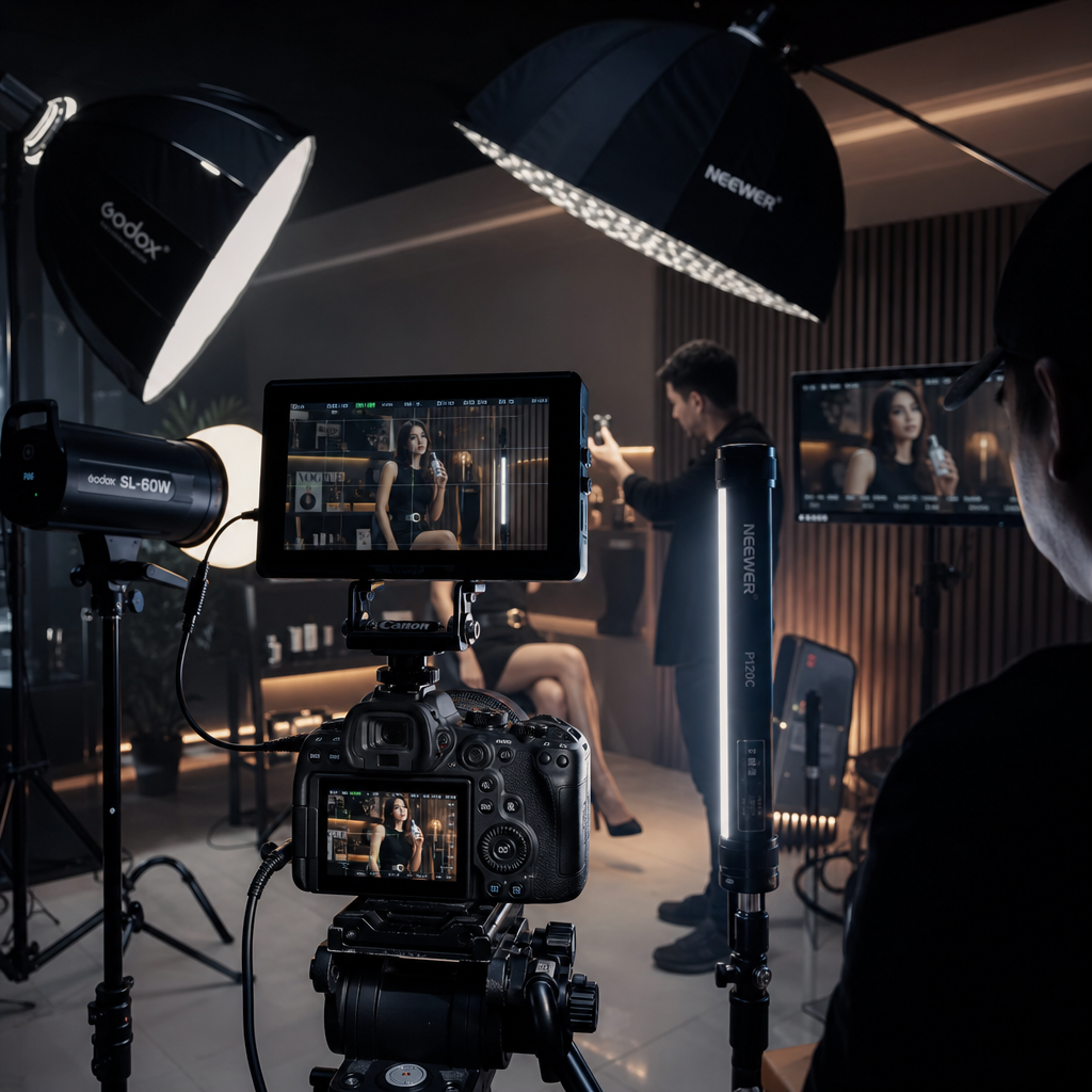 Lanzamiento de marca con equipo de filmación profesional, luces cálidas y talento en un set moderno