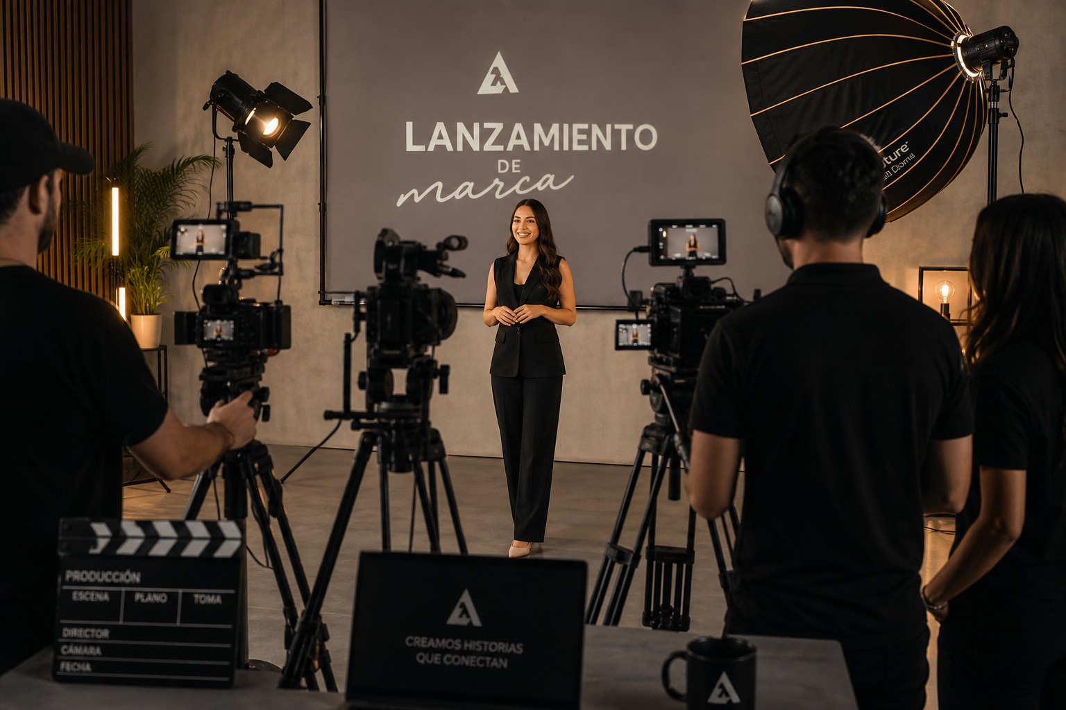 Lanzamiento de marca con equipo de filmación profesional, luces cálidas y talento en un set moderno