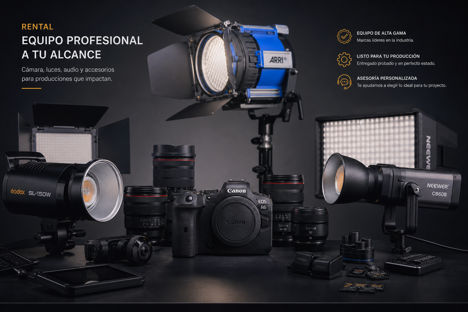 Equipo de rental con Canon R6, luces Godox, Neewer y Arri en presentación comercial
