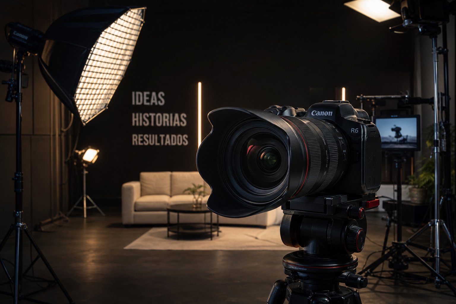 Escena de comerciales publicitarios con cámara Canon R6 y luces profesionales