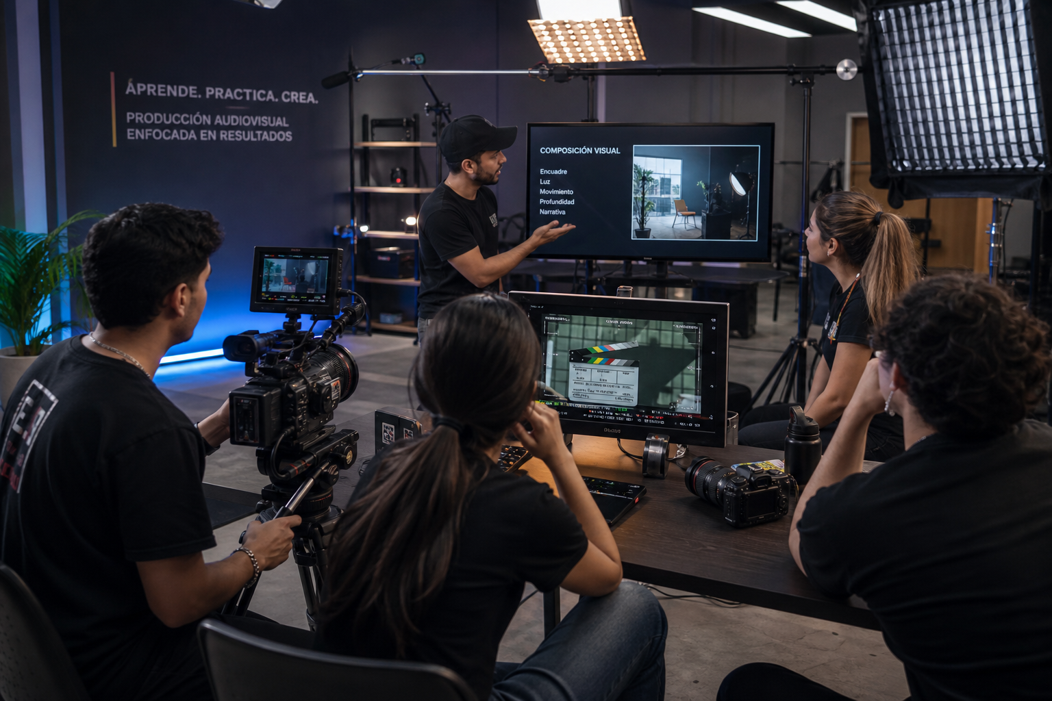 Sesión de formación audiovisual con estudiantes usando cámaras y monitores en un estudio moderno