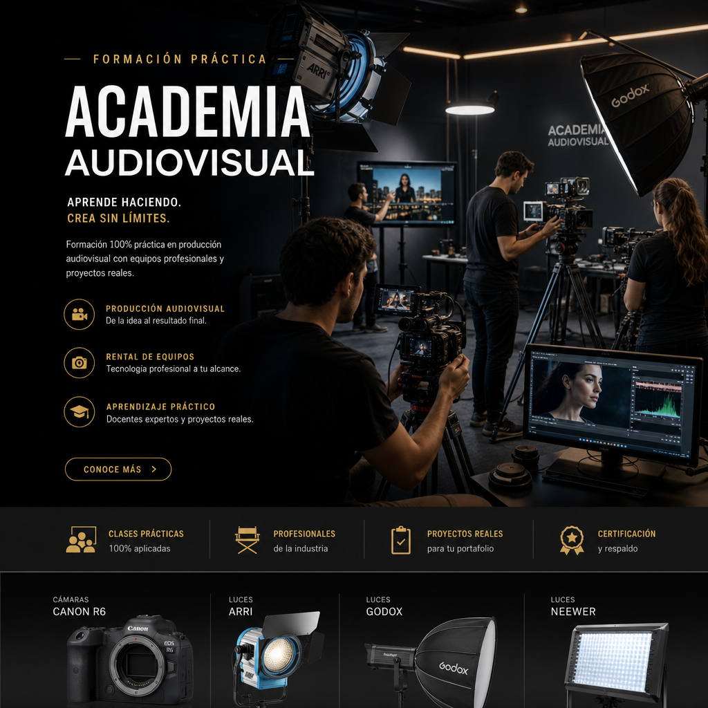 Sesión de formación audiovisual con estudiantes usando cámaras y monitores en un estudio moderno
