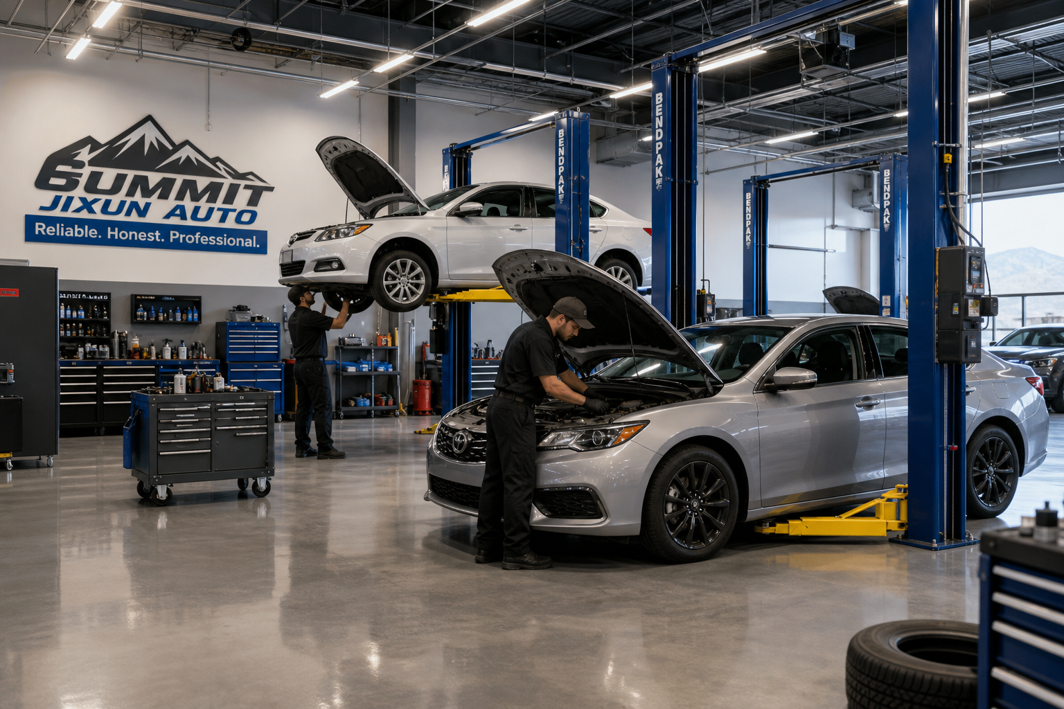 Professional auto repair garage interior with clean service bays, hydraulic lifts, and technicians working on vehicles in a modern Nevada shop