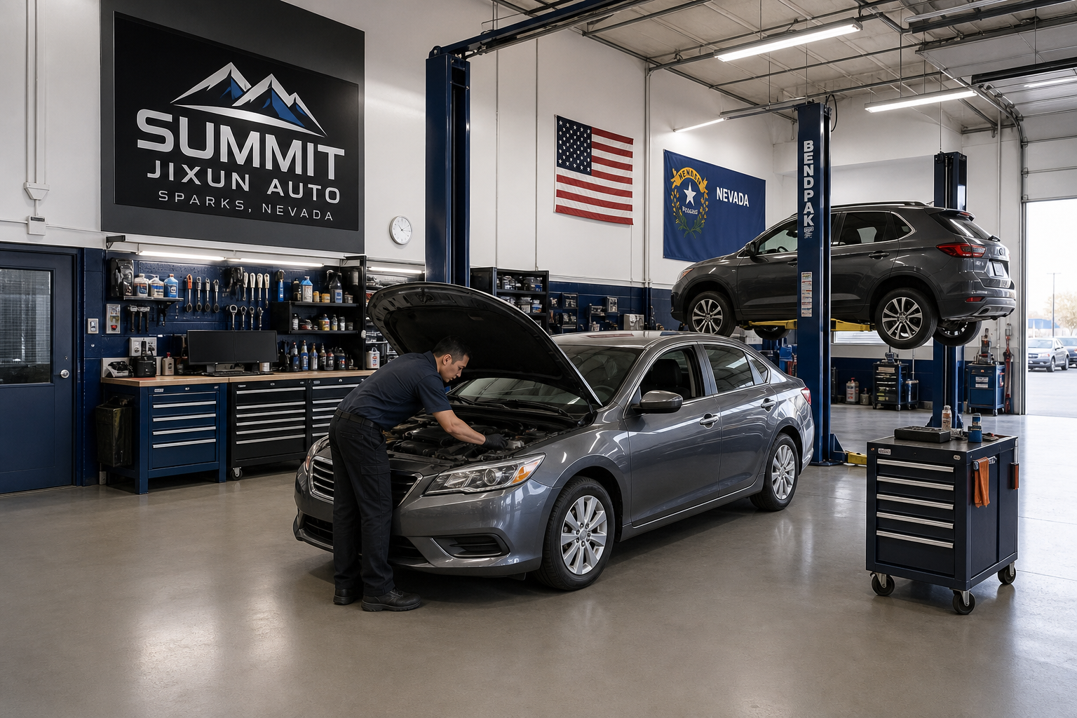 Clean, professional auto repair shop in Sparks, Nevada with polished service bays and a technician working under bright lighting