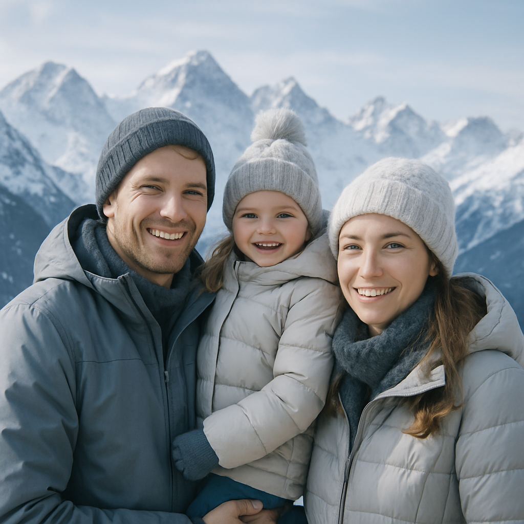 Family in alpine setting with snowy peaks