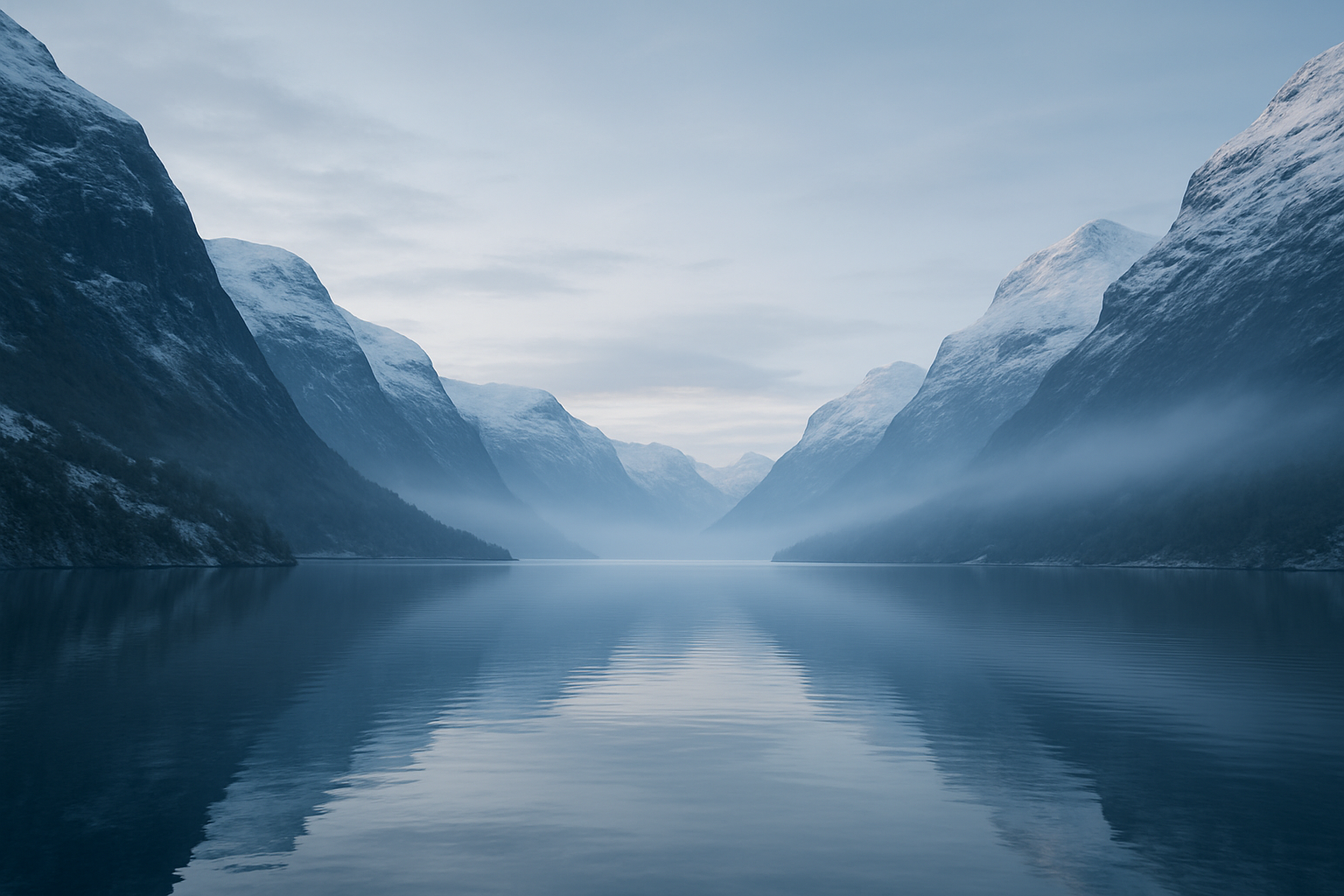 Cinematic alpine fjord landscape with mist and cool light