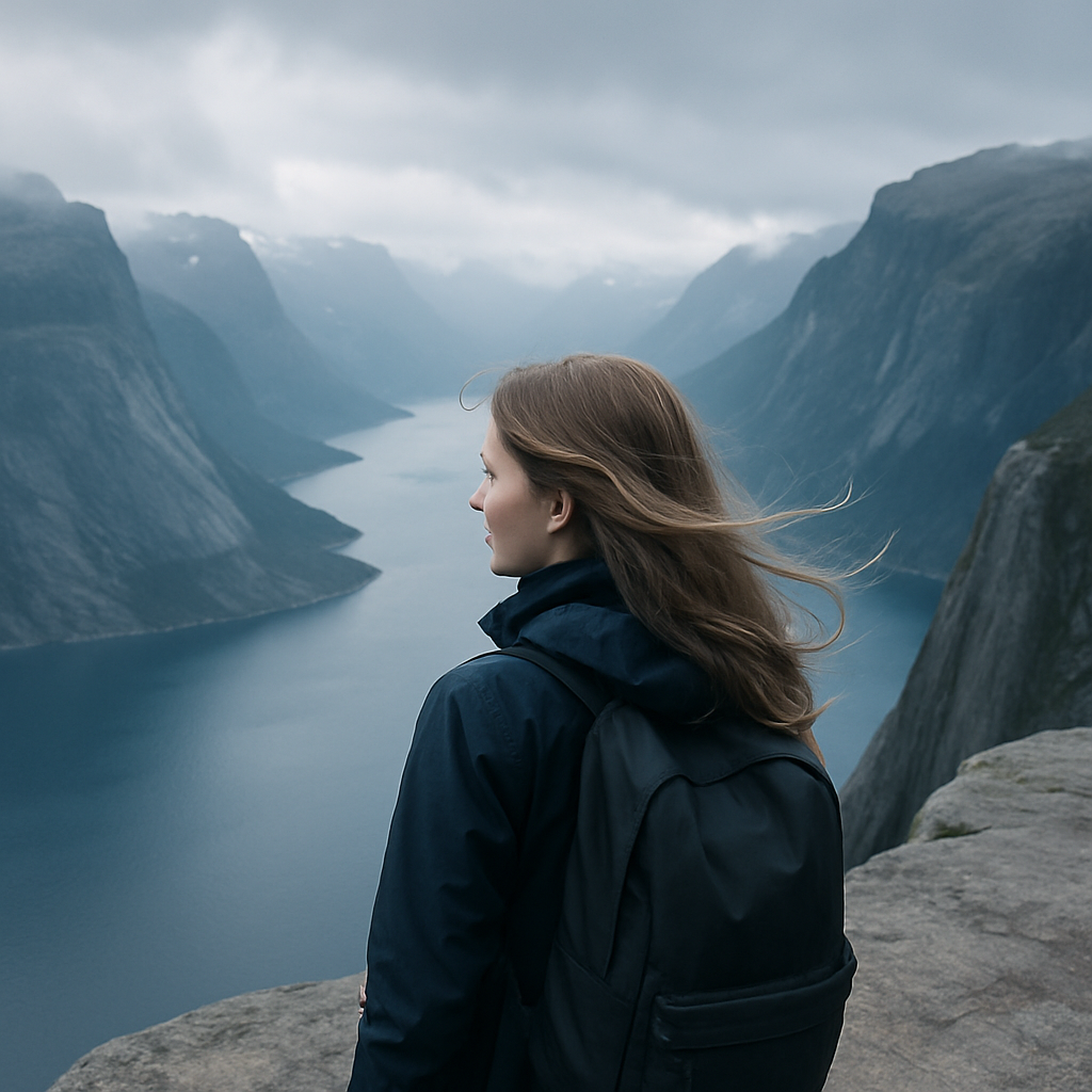 Solo traveler overlooking a Norwegian fjord