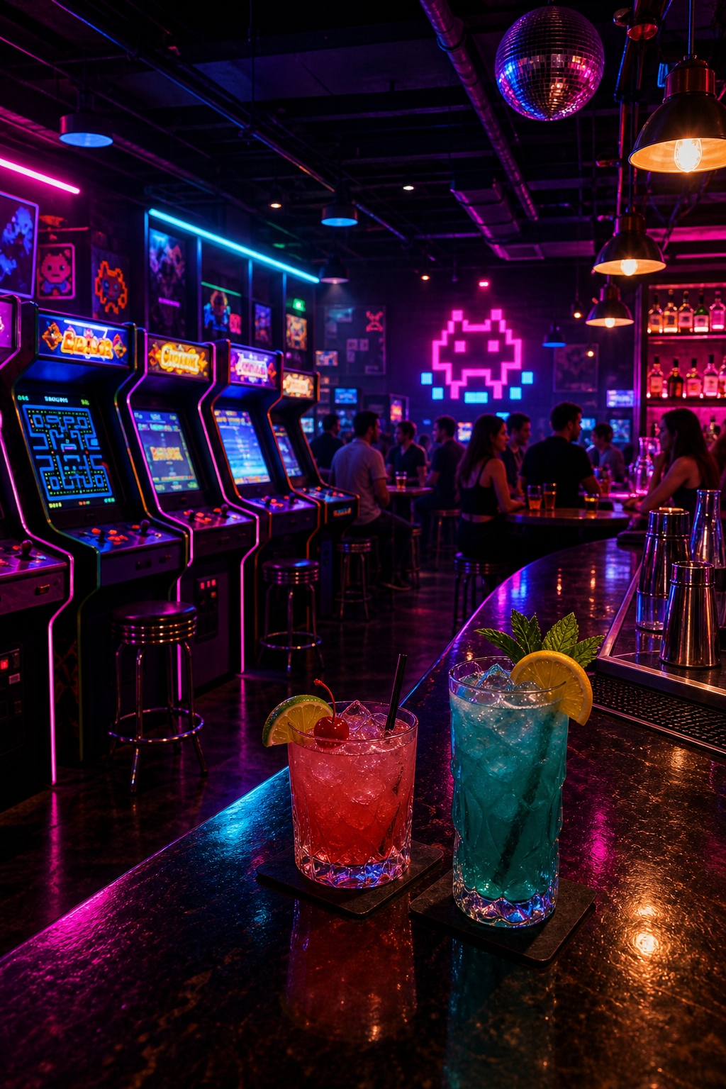 Neon-lit arcade bar interior with glowing cabinets and colorful cocktails at the counter
