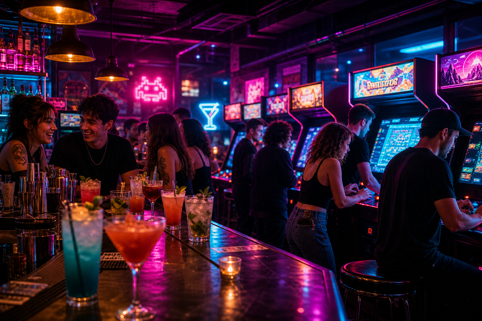 Neon-lit arcade bar interior with glowing game cabinets, colorful cocktails on the bar, and a lively adult crowd socializing