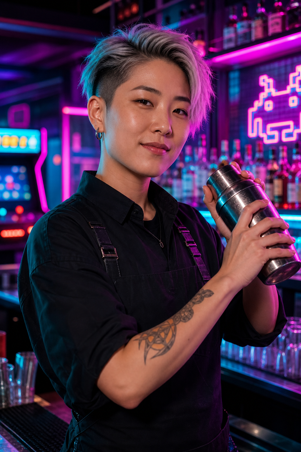Portrait of Jules, bar lead at Pixel Pulse, with short silver hair and a magenta neon-lit cocktail shaker behind the bar