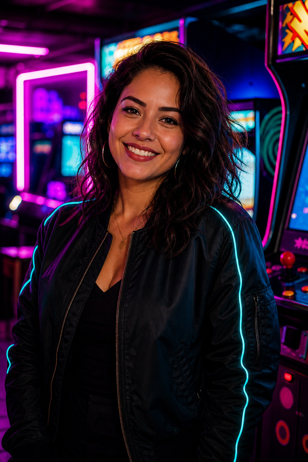 Portrait of Maya, floor manager at Pixel Pulse, wearing a black bomber jacket with neon cyan trim and a welcoming smile in front of arcade cabinets