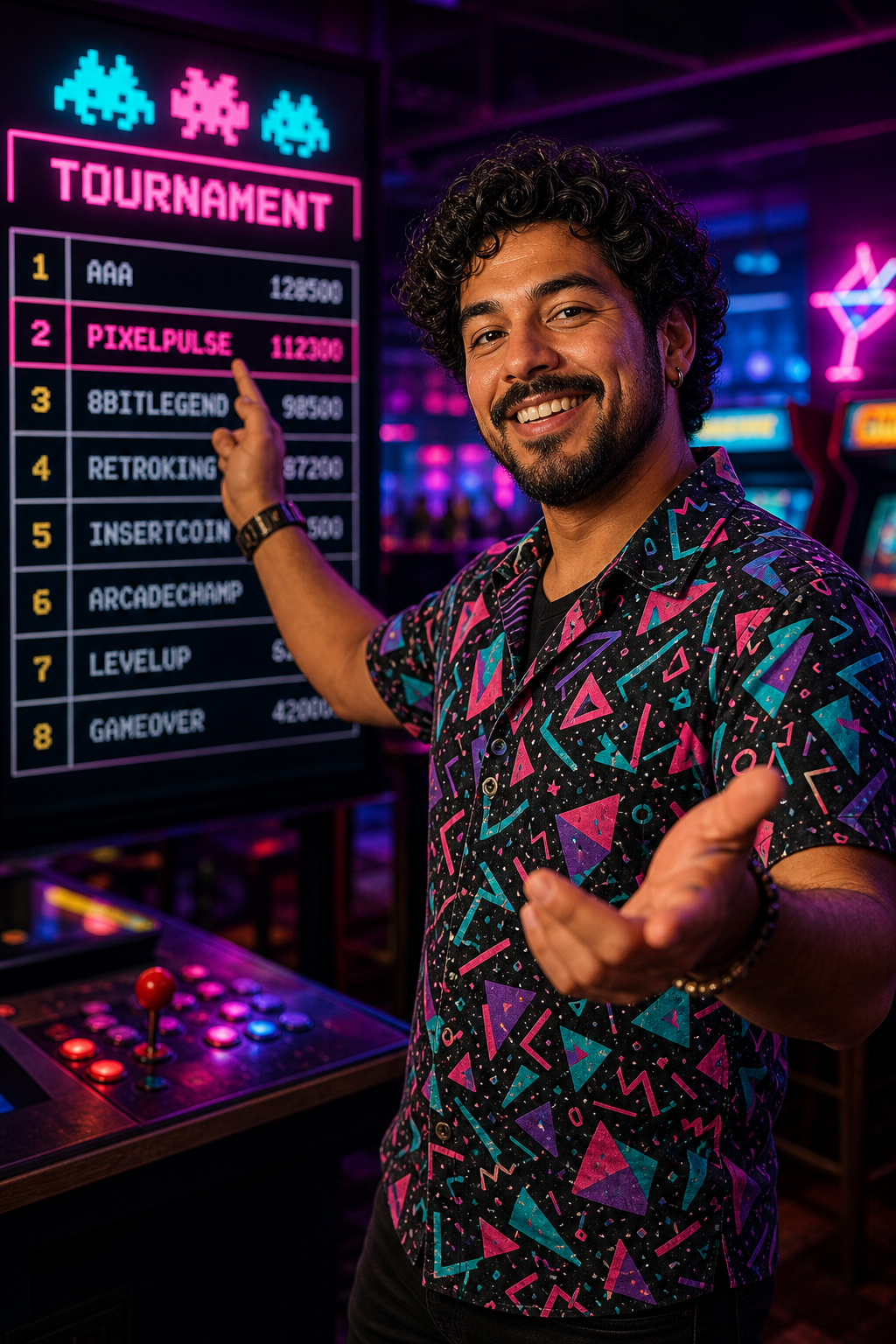Portrait of Rico, events host at Pixel Pulse, in a bright patterned shirt gesturing toward a retro tournament scoreboard