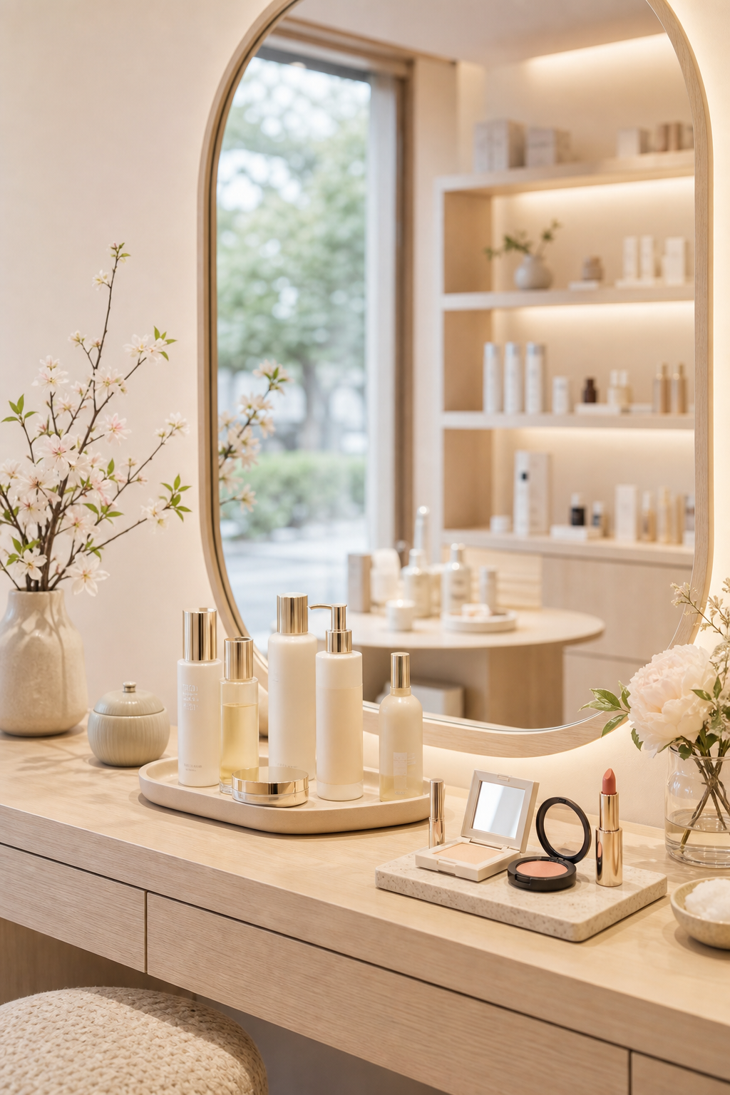 Serene boutique vanity scene with mirrors, neatly arranged beauty products, and soft natural light