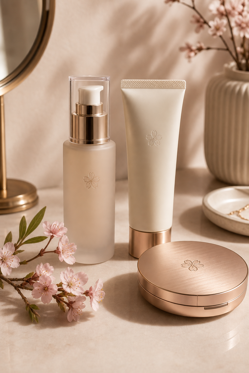 Refined beauty still-life with skincare bottles, a makeup compact, soft floral detail, and warm vanity styling