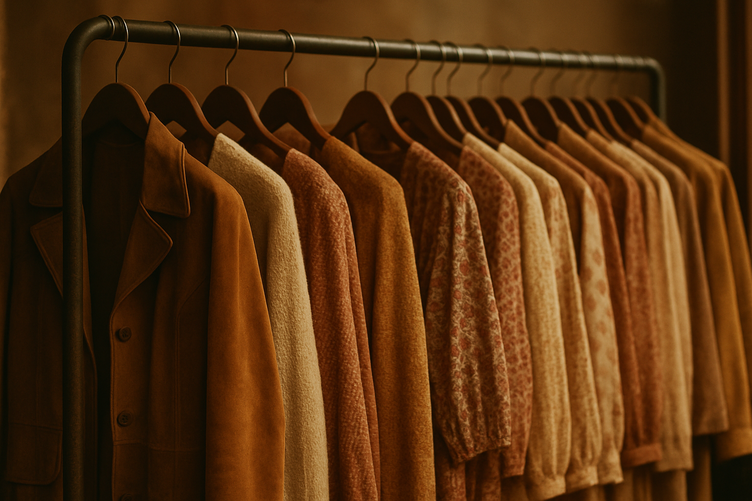 Warm-toned vintage clothing rack with 70s and 80s jackets and dresses in earthy hues