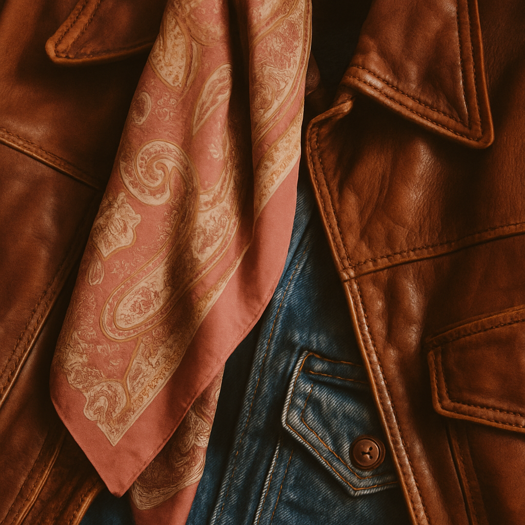 Close-up film photograph of a vintage leather jacket and printed scarf layered over denim, showcasing rich textures and warm brown tones
